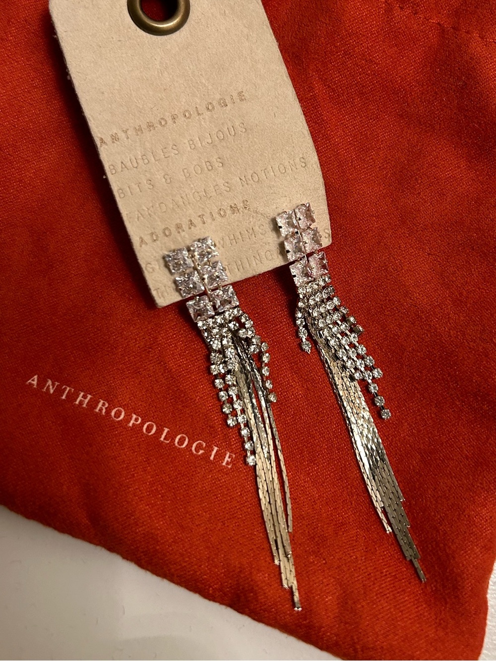 Anthropologie Silver Rhinestone Fringe Drop Earrings